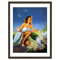 Beautiful Pinup Girl Feeding White Pigeons