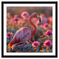 Pink Flamingo Standing In A Field Of Flowers