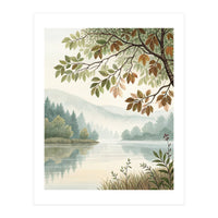 Tranquil Lakeside Forest Watercolor Painting with Overhanging Autumn Branches and Misty Mountain Reflection (Print Only)