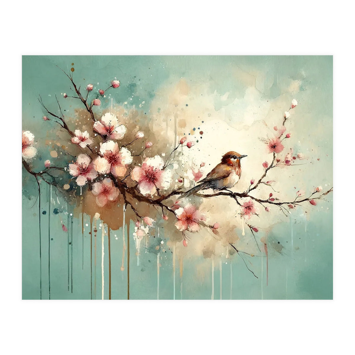 Bird Resting On Cherry Blossom Branch (Print Only)