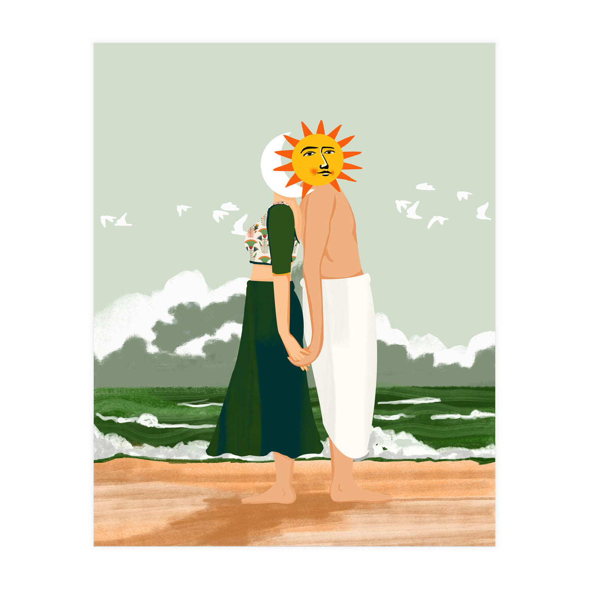 Celestial Union, Sun & Moon Love Couple, Ocean Sea Beach Landscape Nature, Summer Bohemian People (Print Only)