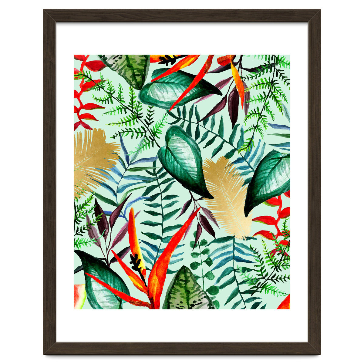 Paradise, Tropical Jungle Botanical Bohemian Illustration, Palm Bird of Paradise Gold Painting