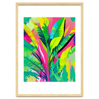 Pink Summer & Banana Leaves, Tropical Jungle Pop Of Color Nature, Forest Plants Bohemian Eclectic Watercolor Painting