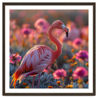 Pink Flamingo Standing In A Field Of Flowers