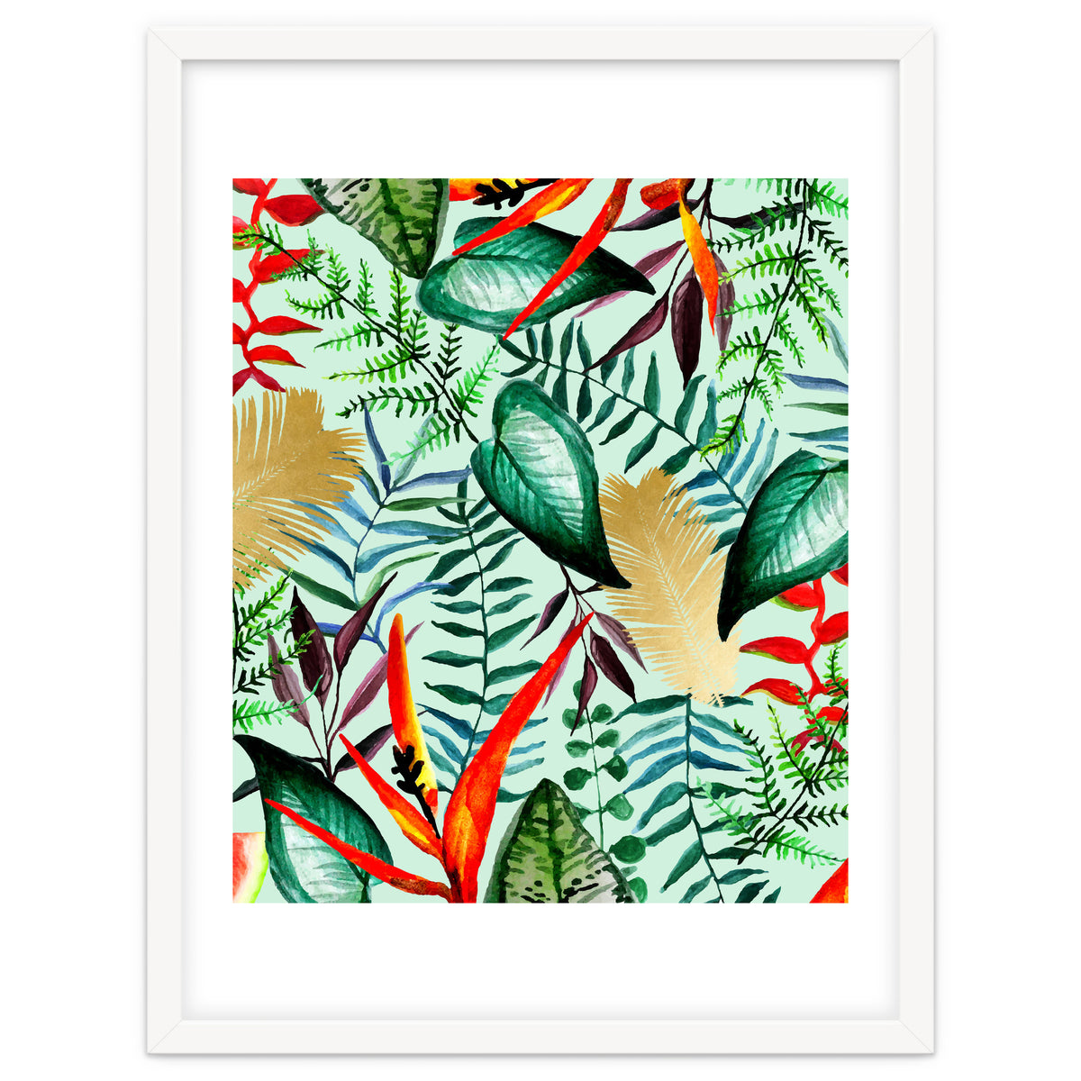 Paradise, Tropical Jungle Botanical Bohemian Illustration, Palm Bird of Paradise Gold Painting