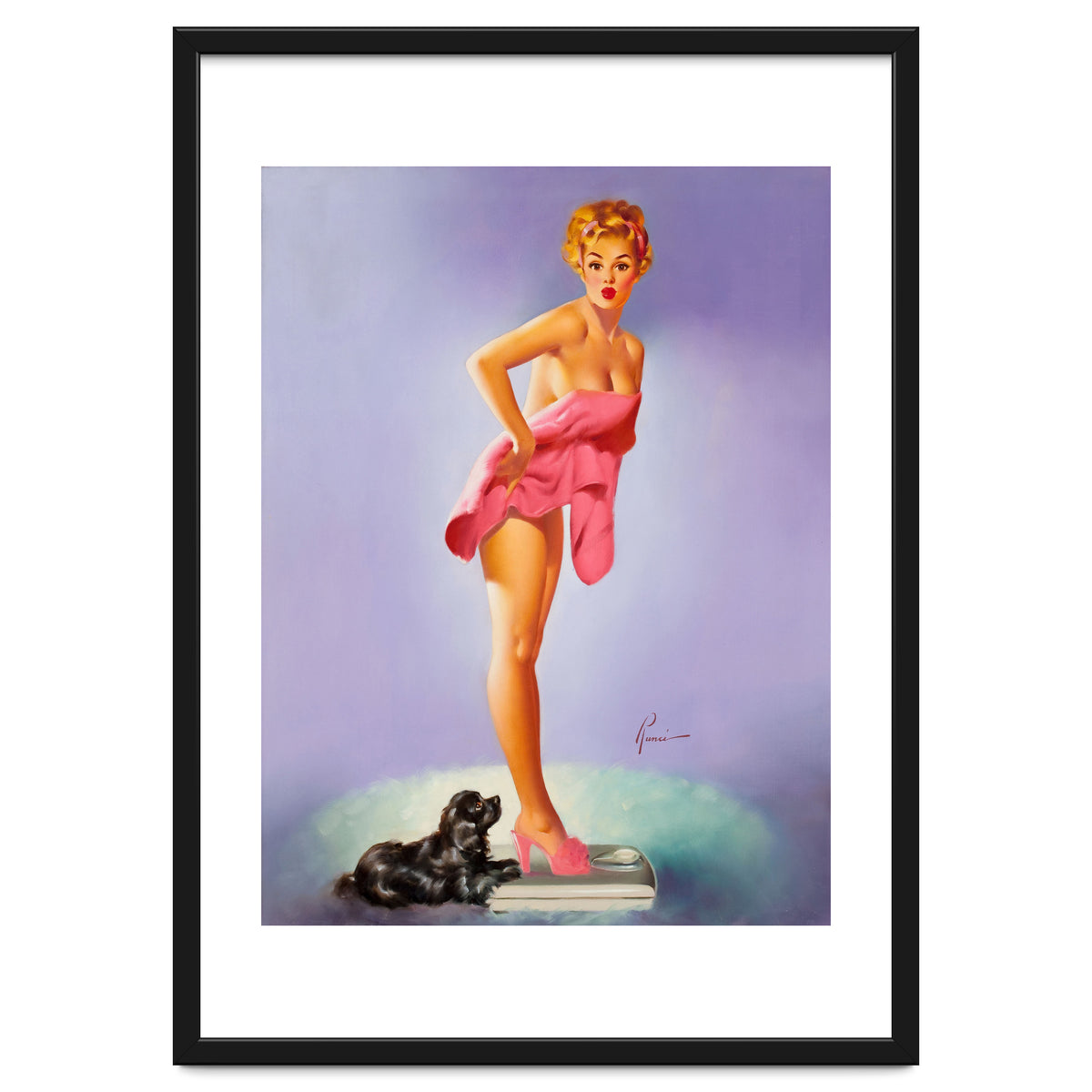 Pinup Girl On A Scale With Her Little Black Dog Behind