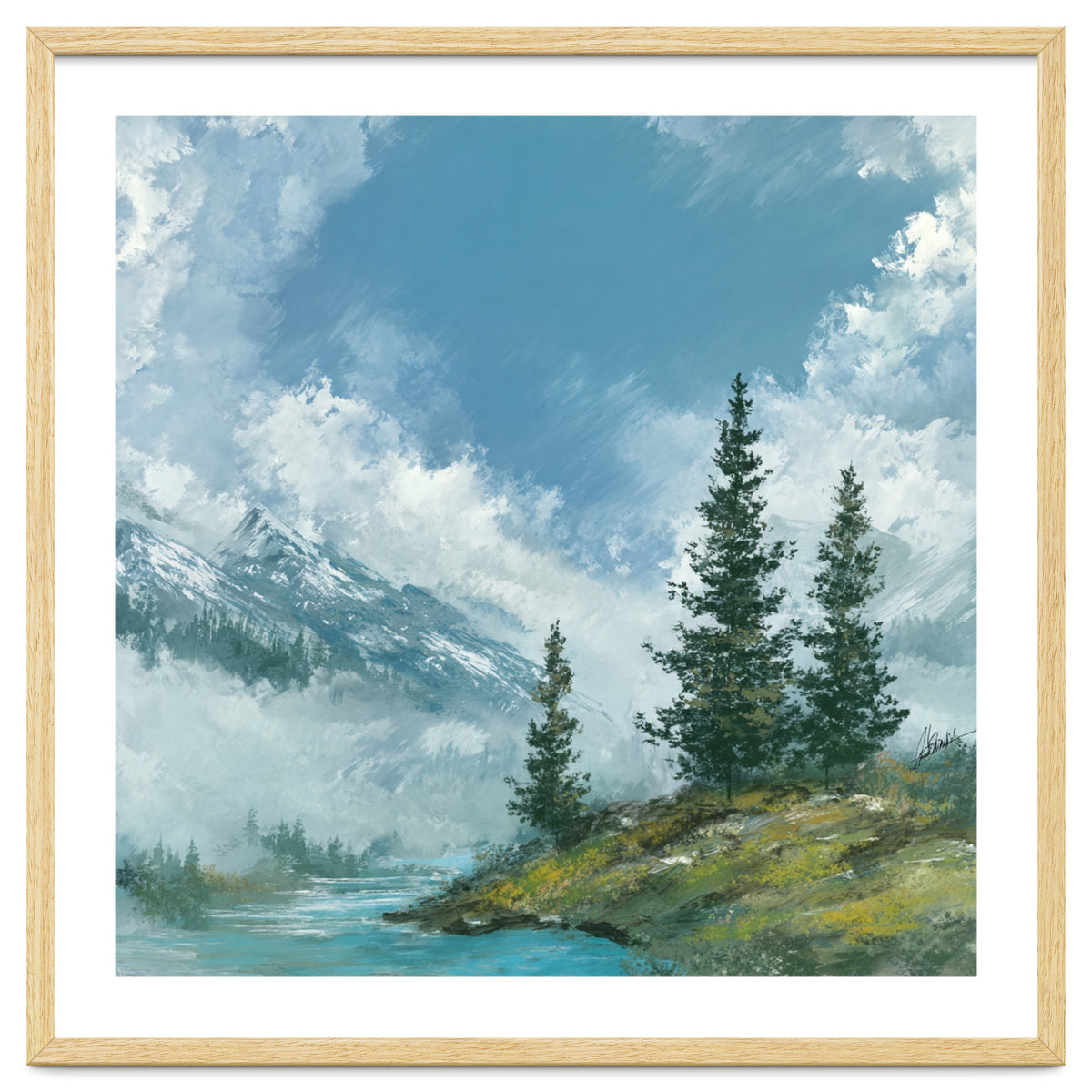 Ethereal Alpine River Valley with Snow-Capped Mountains