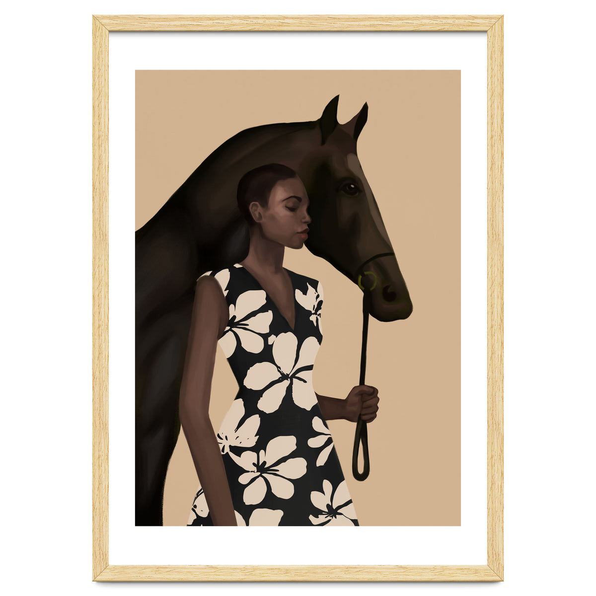 Woman In Bold Print With Black Horse