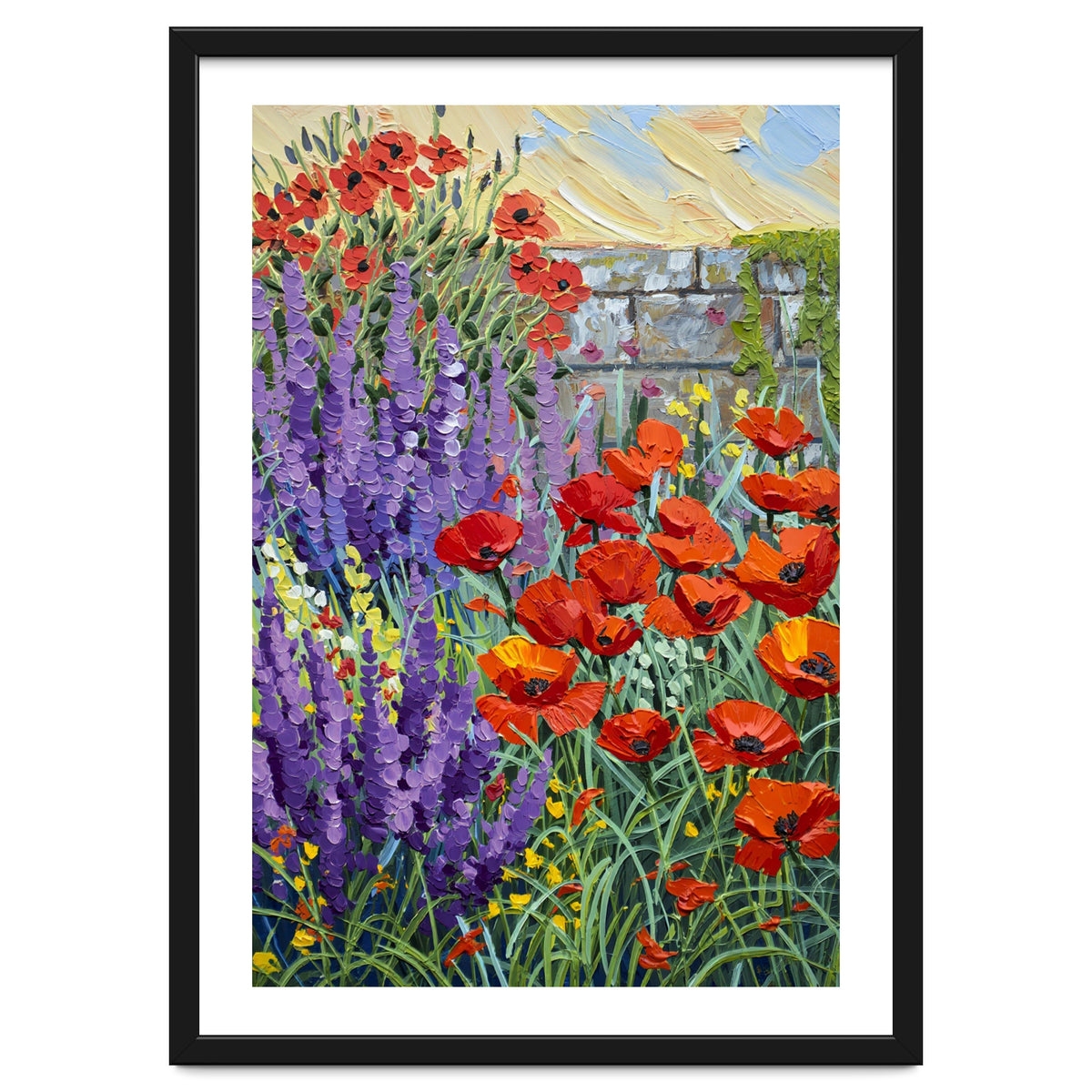Vibrant Summer Poppy and Lavender Garden Oil Painting