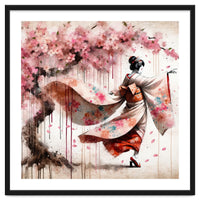 Geisha Under Cherry Blossoms In Motion