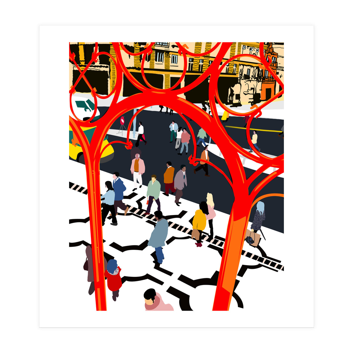 City Street, Eclectic Architecture Buildings Busy New York, People Work Office Daily Life Boho Contemporary Traffic Gifts (Print Only)