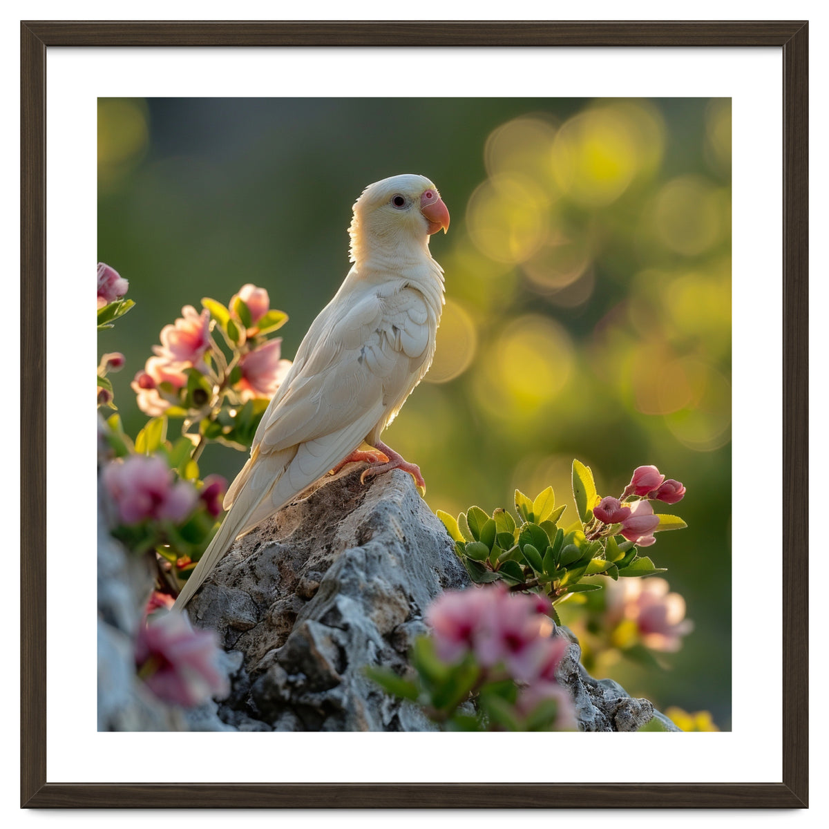 Albino Parrot Perched On A Rock Amongst Flowers