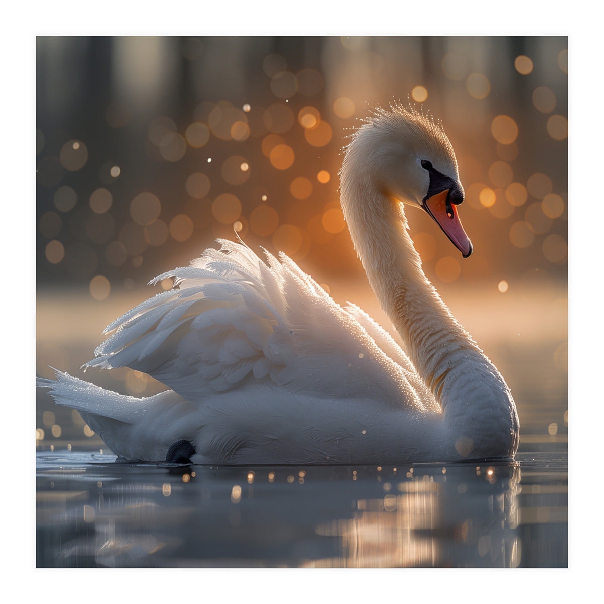 Majestic Swan Gliding On Water During Sunset Golden Hour Wildlife (Print Only)