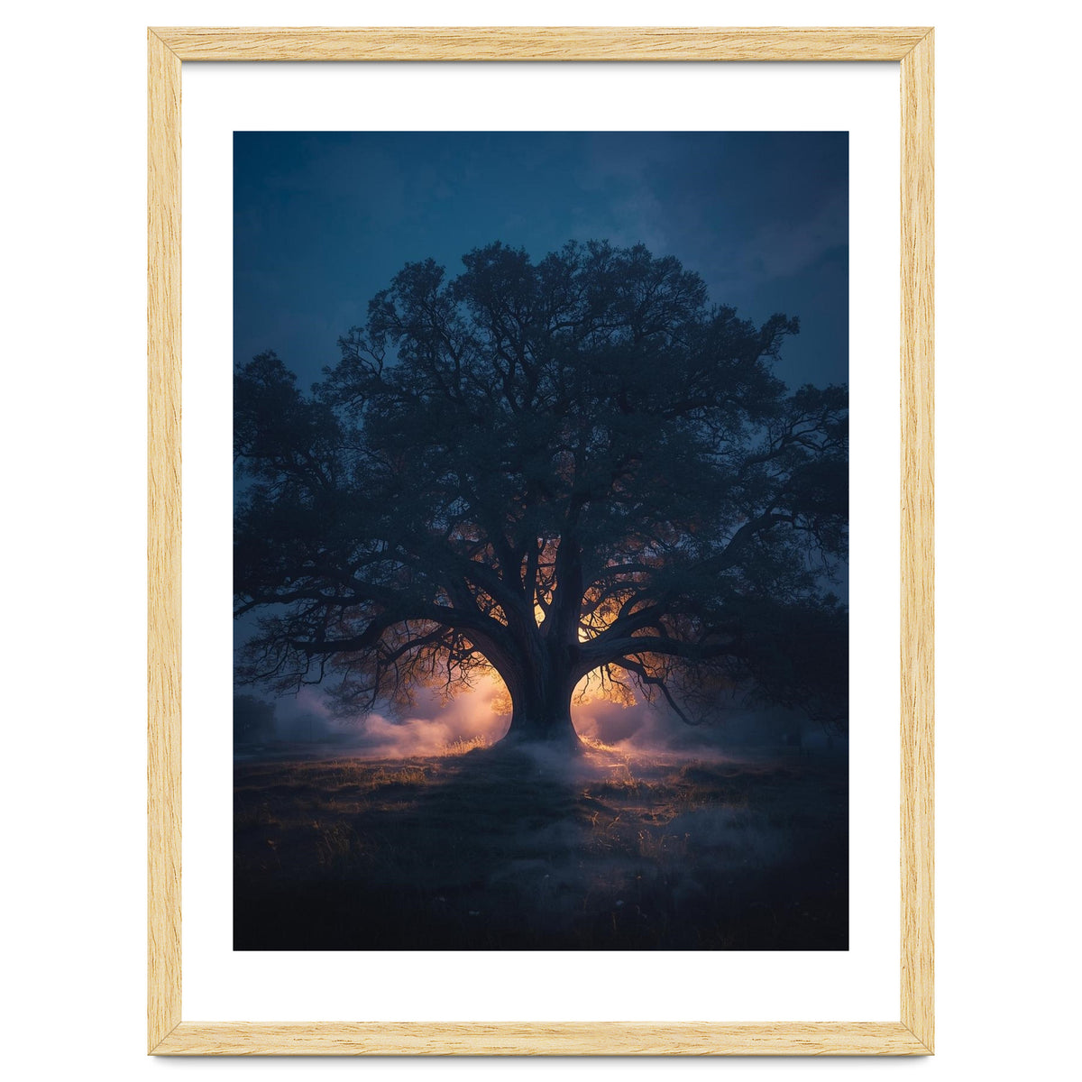 Ancient Mystical Oak Silhouette at Twilight with Ethereal Wisps