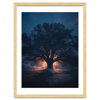 Ancient Mystical Oak Silhouette at Twilight with Ethereal Wisps