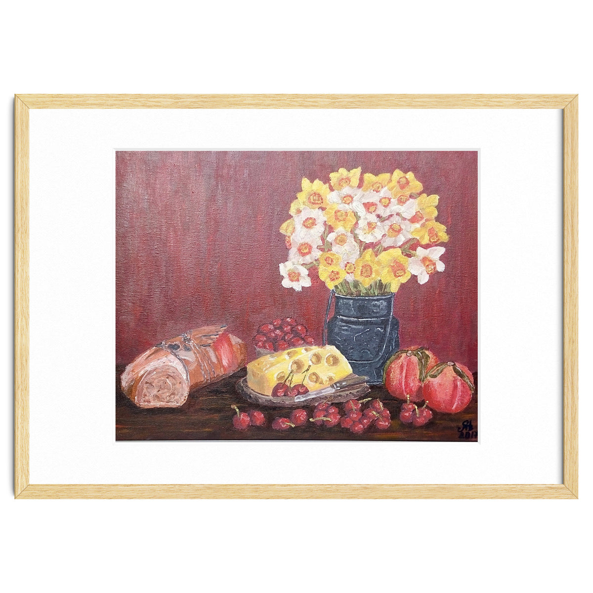 Still life with cheese, daffodils on a red background.