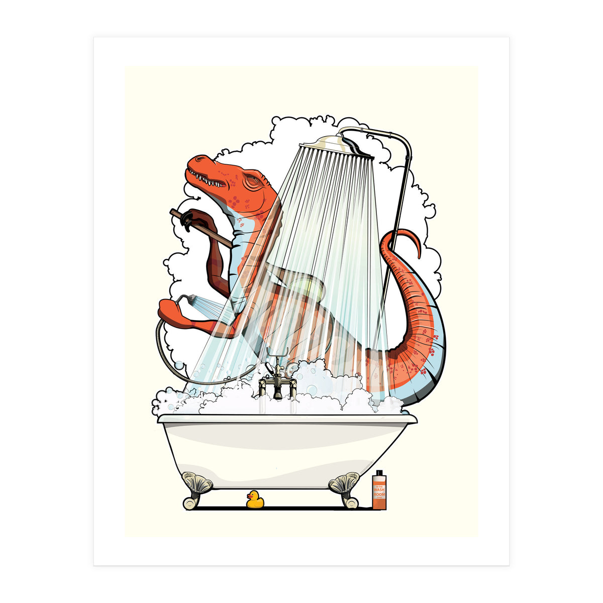 Dinosaur Velociraptor in the Shower, funny bathroom humour (Print Only)