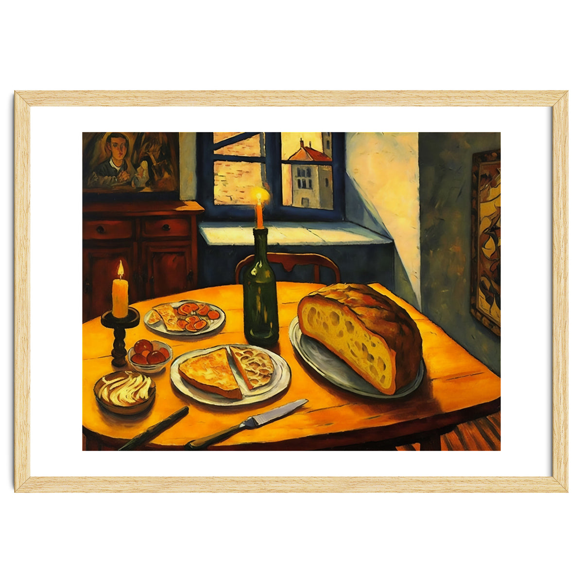 Table Setting of Bread and Cheese Oil Painting