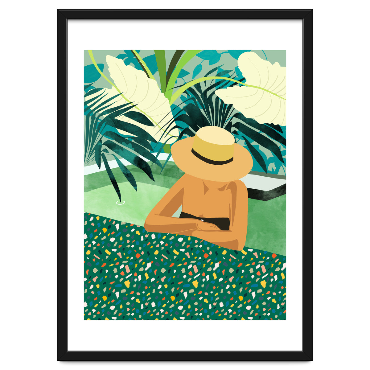 Chill, Modern Bohemian Black Woman Travel Illustration | Terrazzo Tropical Swimming Pool Fashion