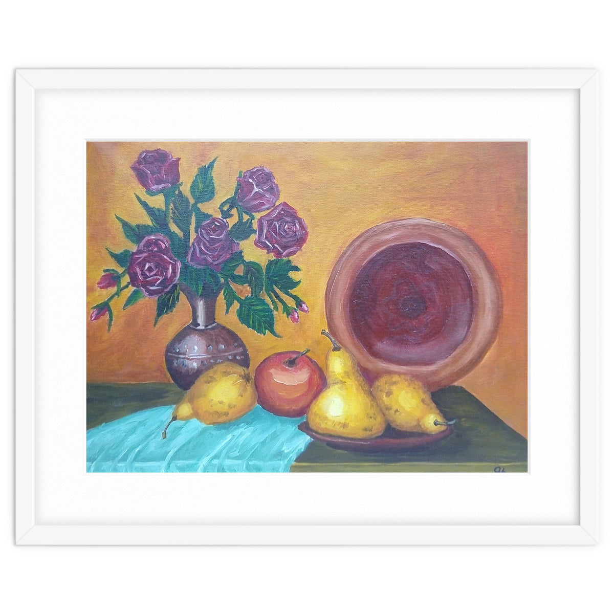 Still life with pears, roses and a dish.