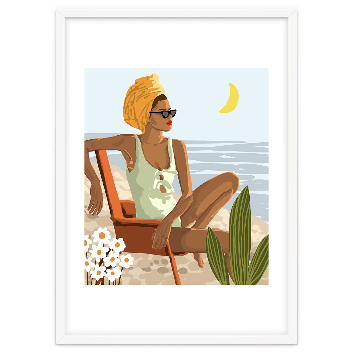 Moon Child, Beach Vacation, Black Woman Illustration Travel Ocean, Tropical Bohemian Fashion