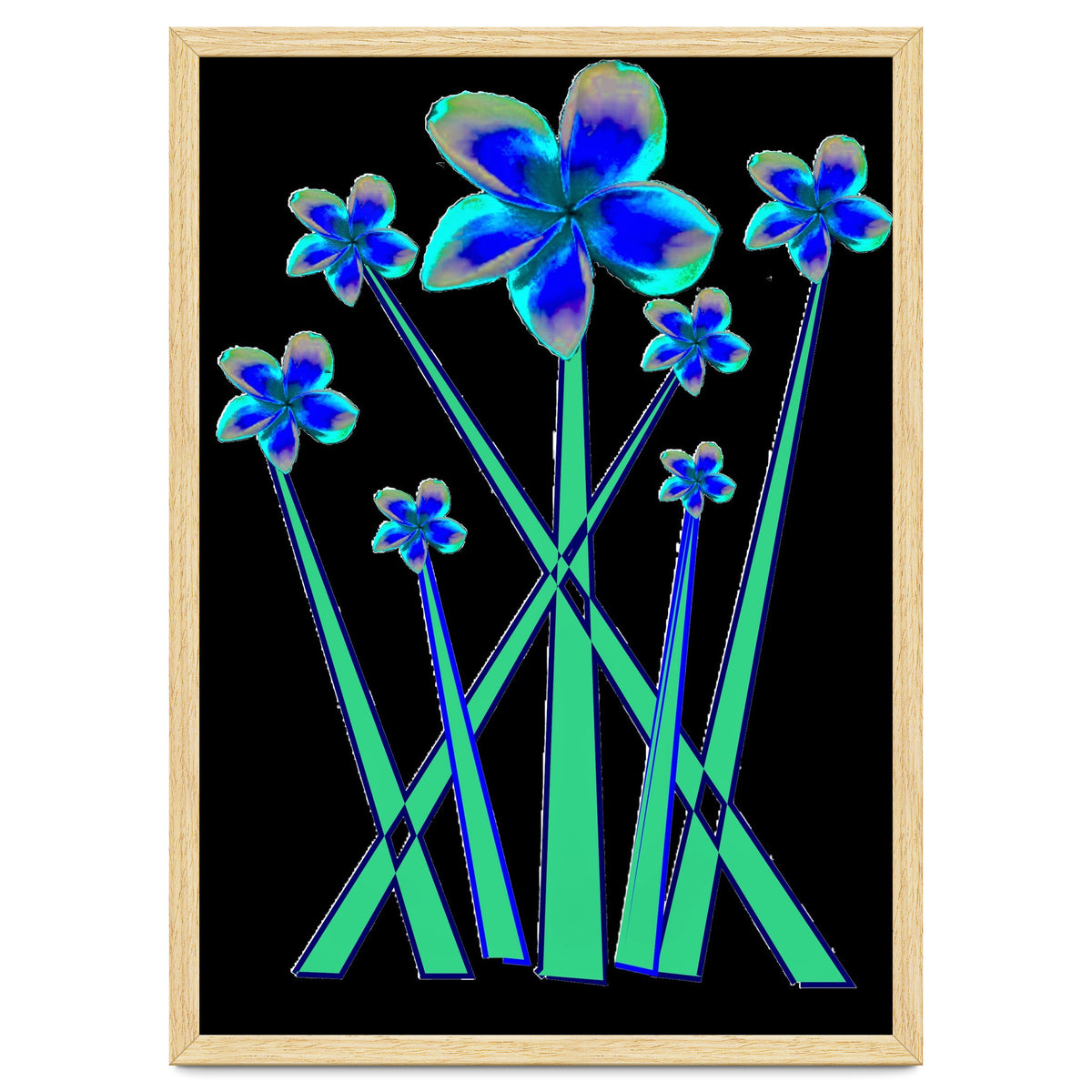 Blue flowers on black.