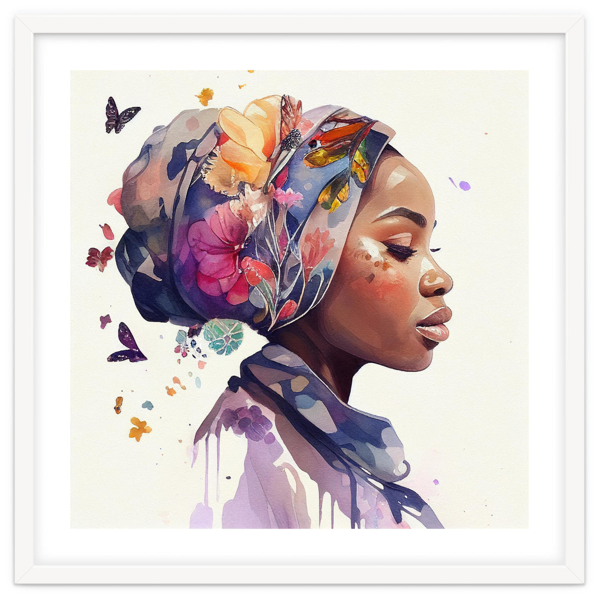 Watercolor Floral Muslim African Woman #1