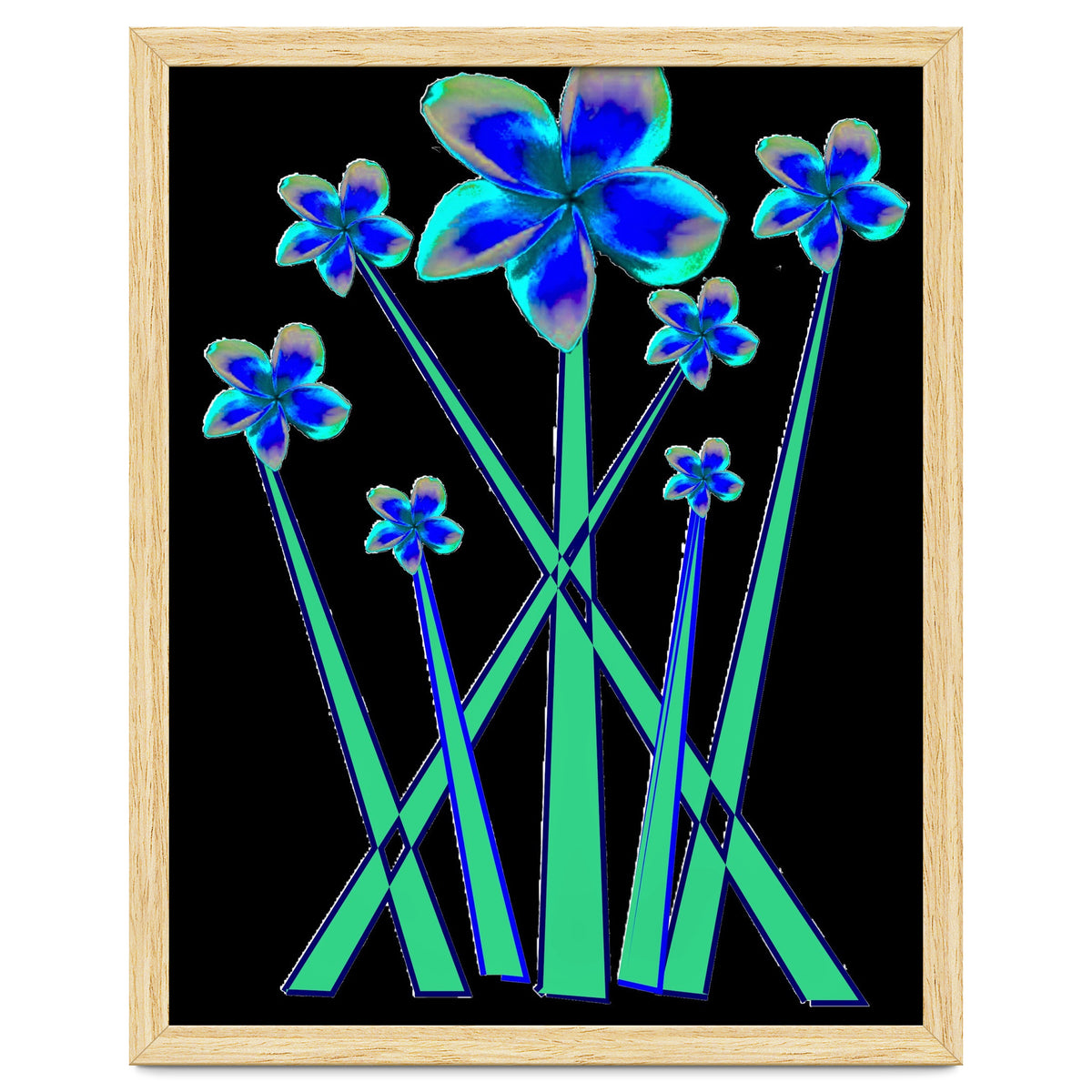 Blue flowers on black.