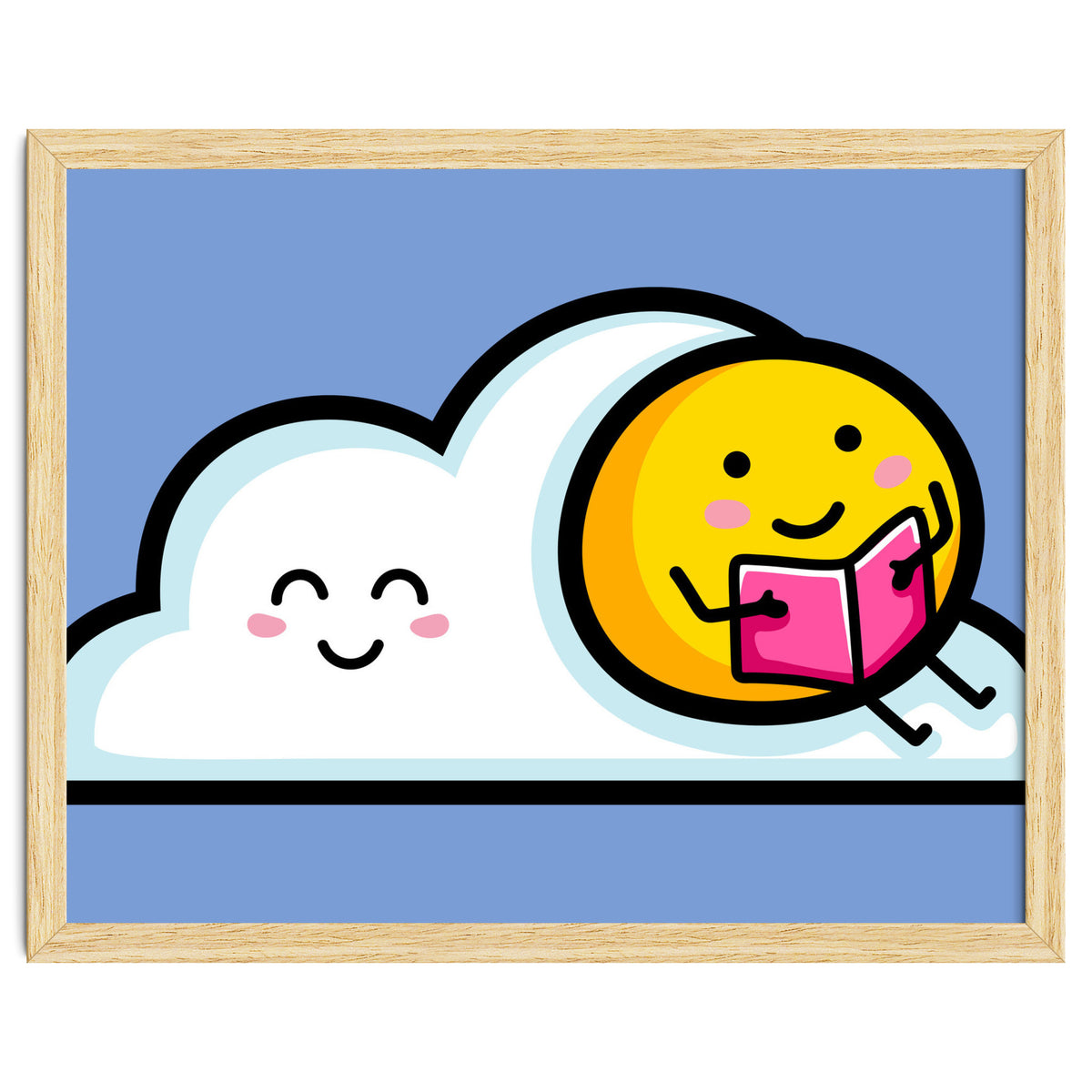Kawaii Cute Sun Reading A Book On A Cloud