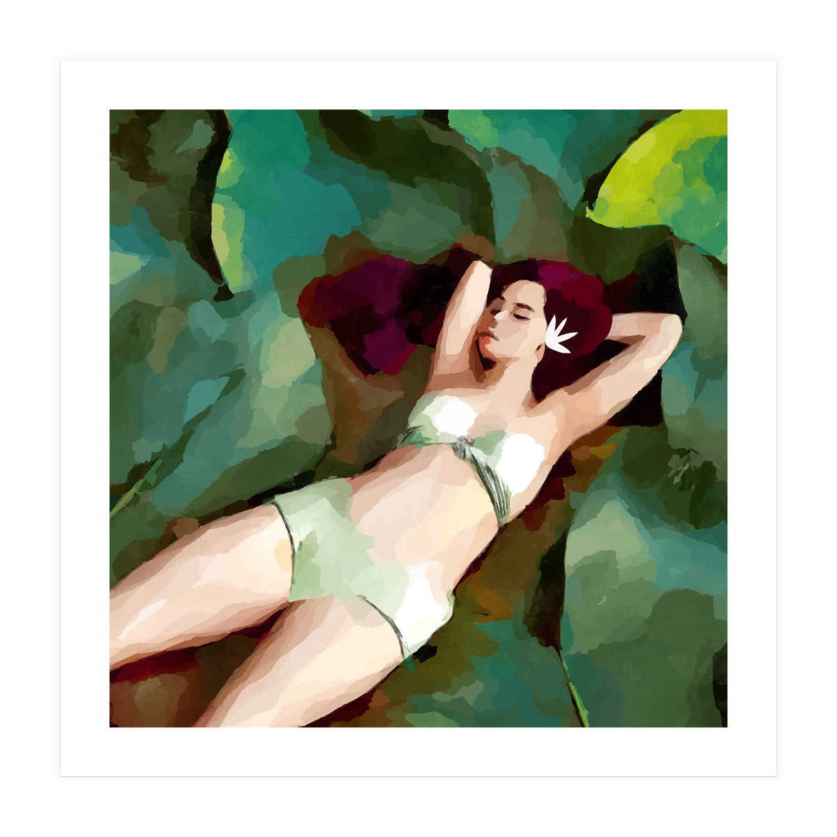 The Moment of Peace, Girl Woman on Lotus Leaf, Tropical Nature Botanical Watercolor Bohemian Painting (Print Only)