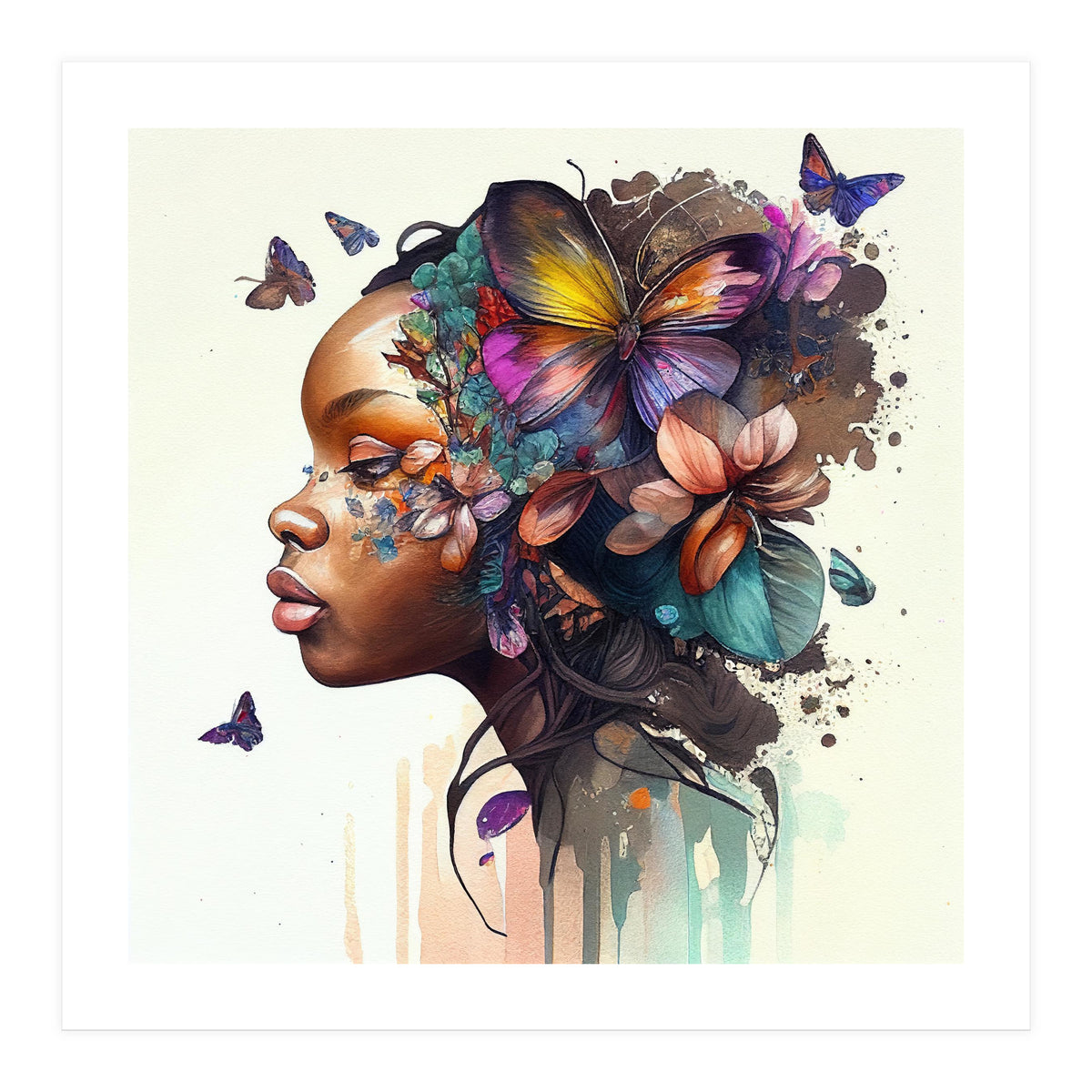 Watercolor Butterfly African Woman #8 (Print Only)