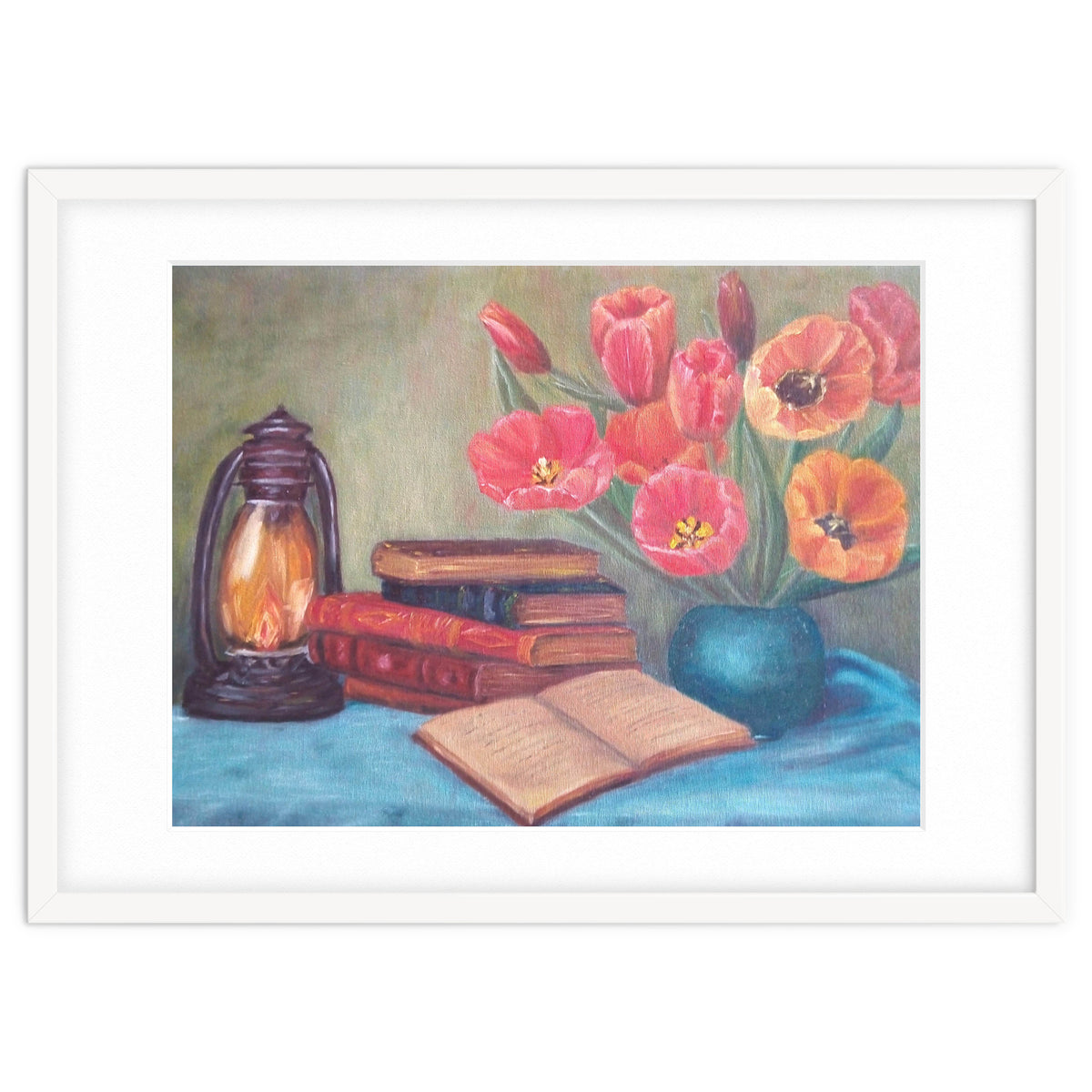 Still life with tulips, books and an old lamp.