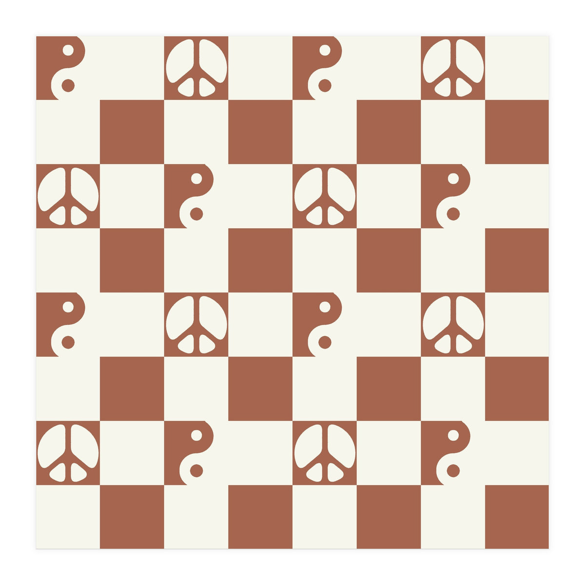 Checkered Peace Symbol & Yin Yang Pattern \\ Beige & Brown Color Palette (Print Only)