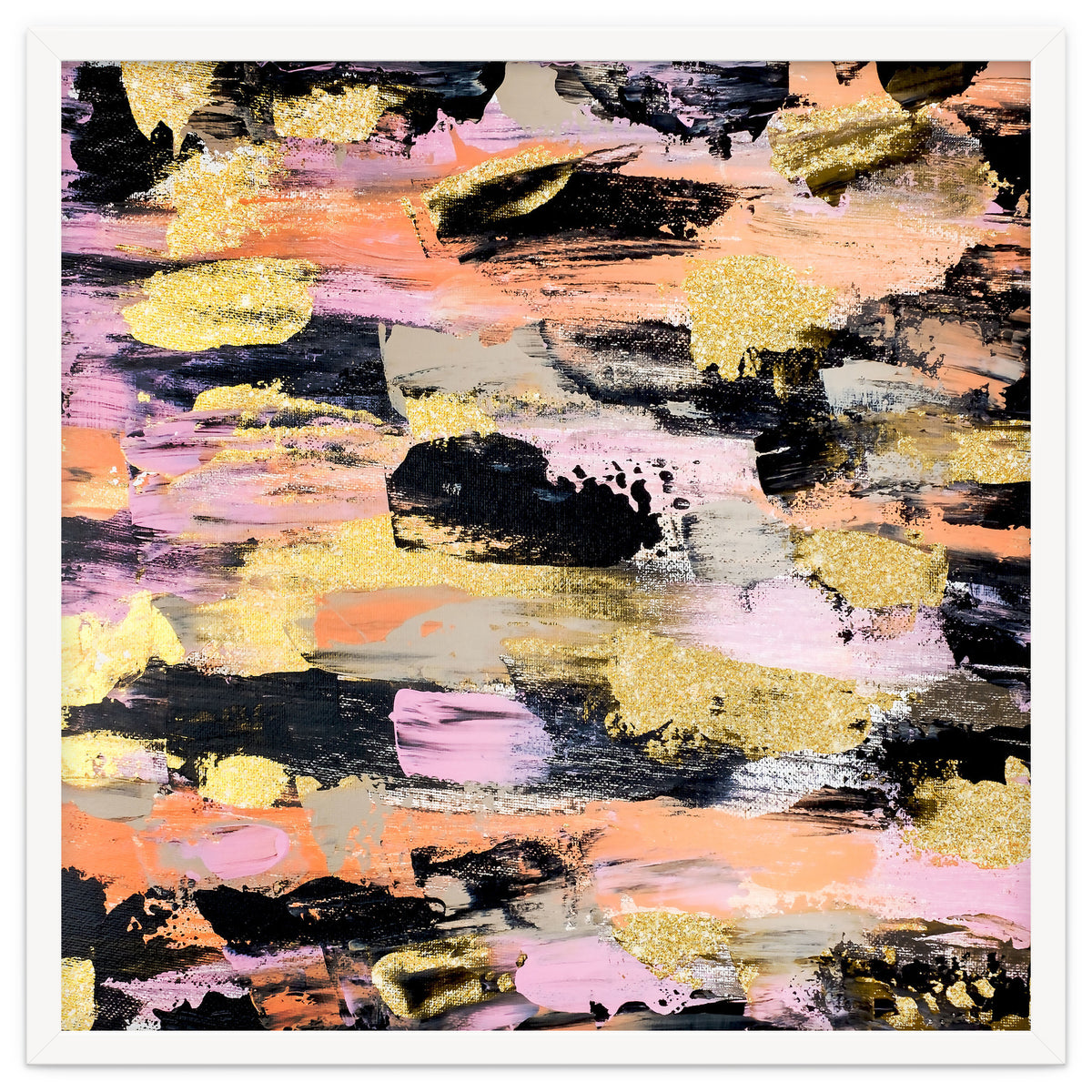 Modern Abstract Black Pink Salmon Gold Acrylic Brushstrokes Paint