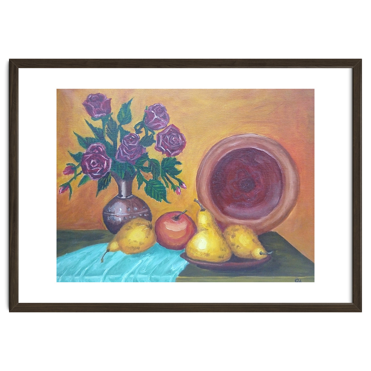 Still life with pears, roses and a dish.