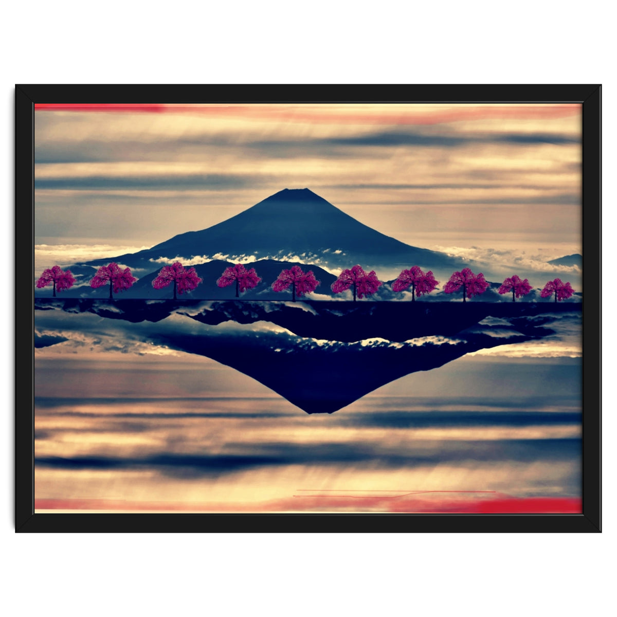Reflection on Mount Fuji with cherry trees.
