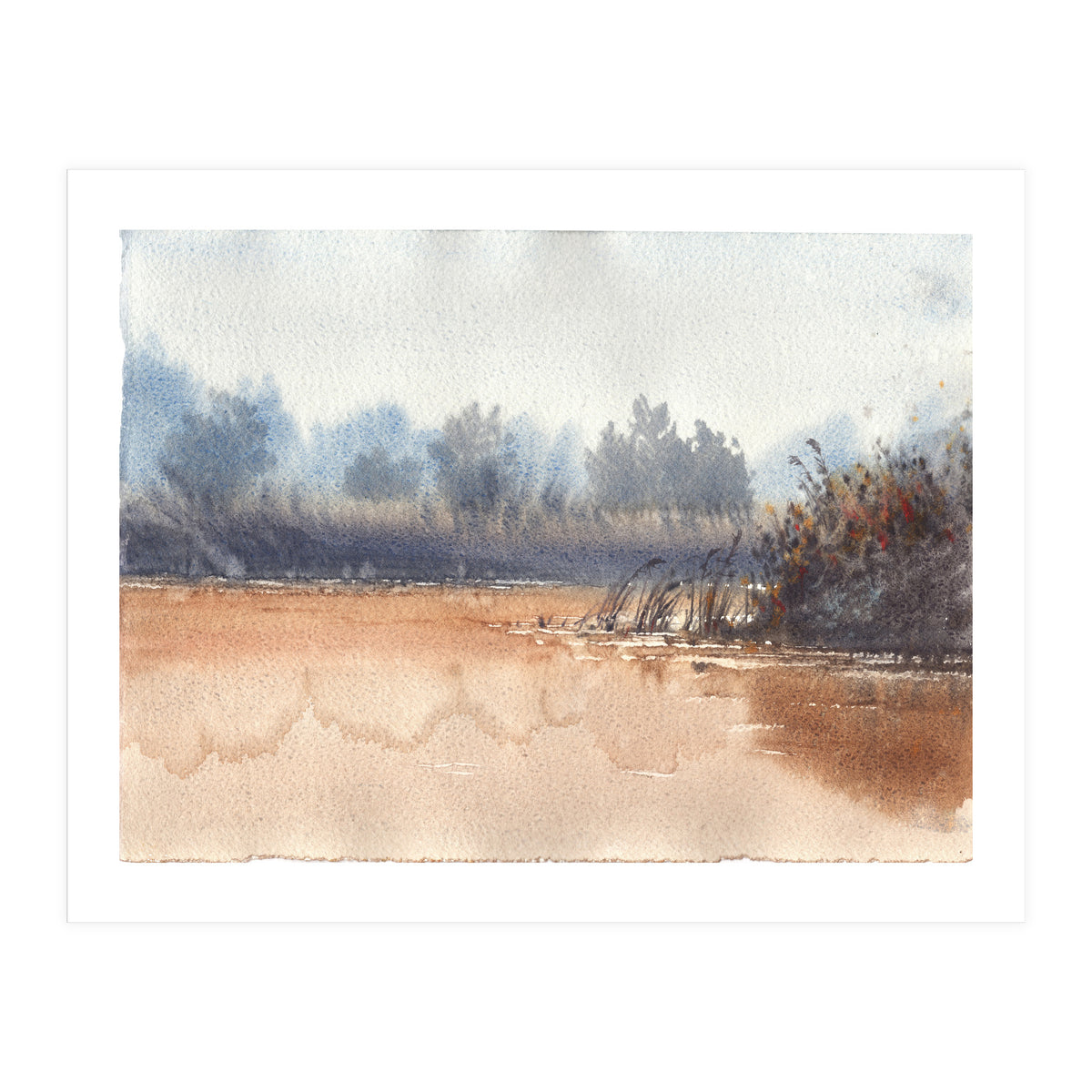 Landscape painting watercolor. Foggy (Print Only)