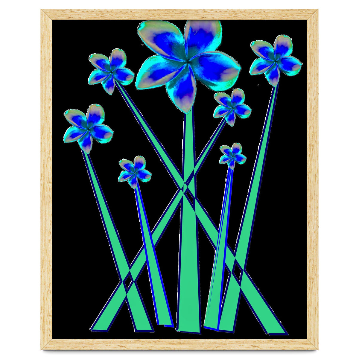 Blue flowers on black.