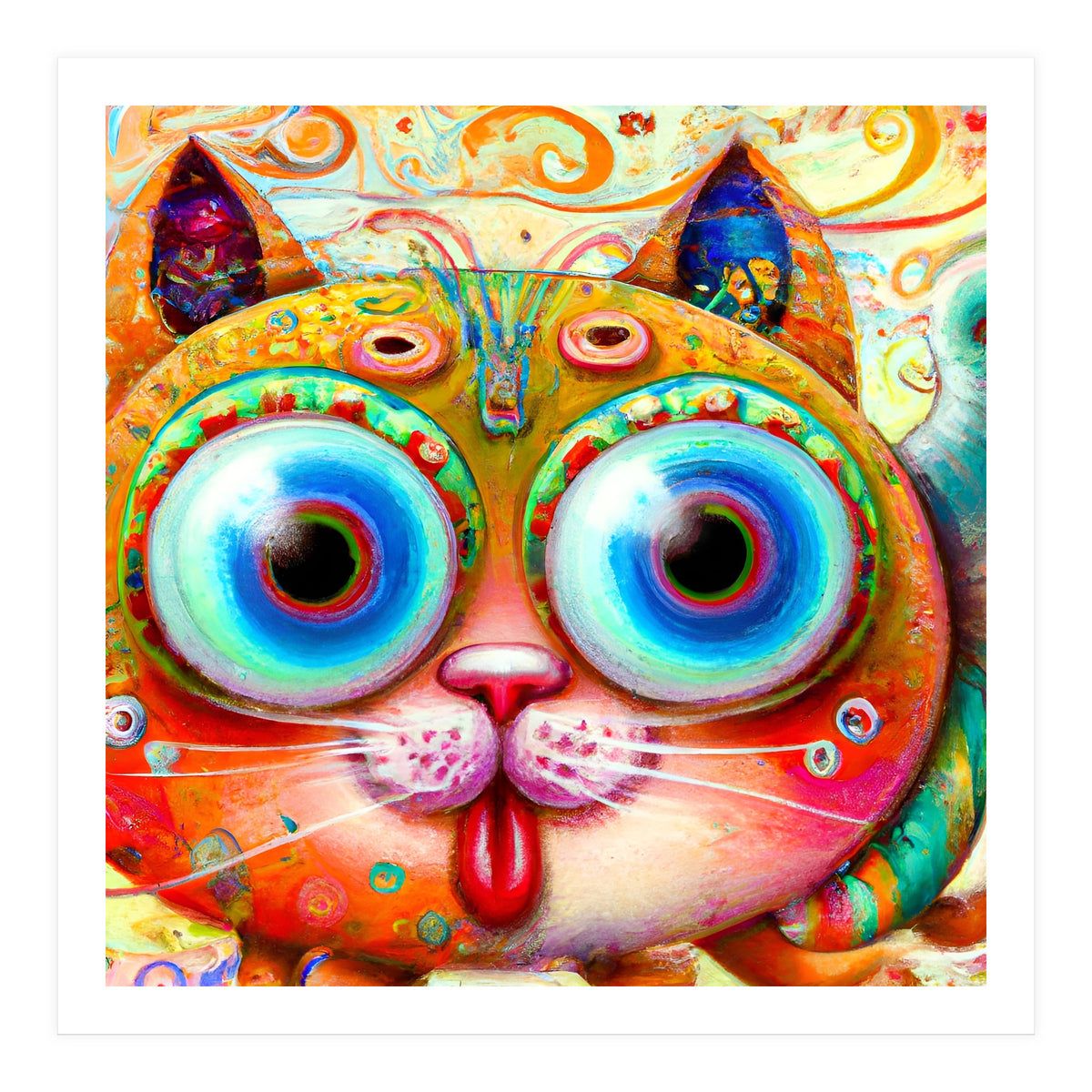 Chaotic and Colorful Fantasy Cat sticking out its Tongue (Print Only)