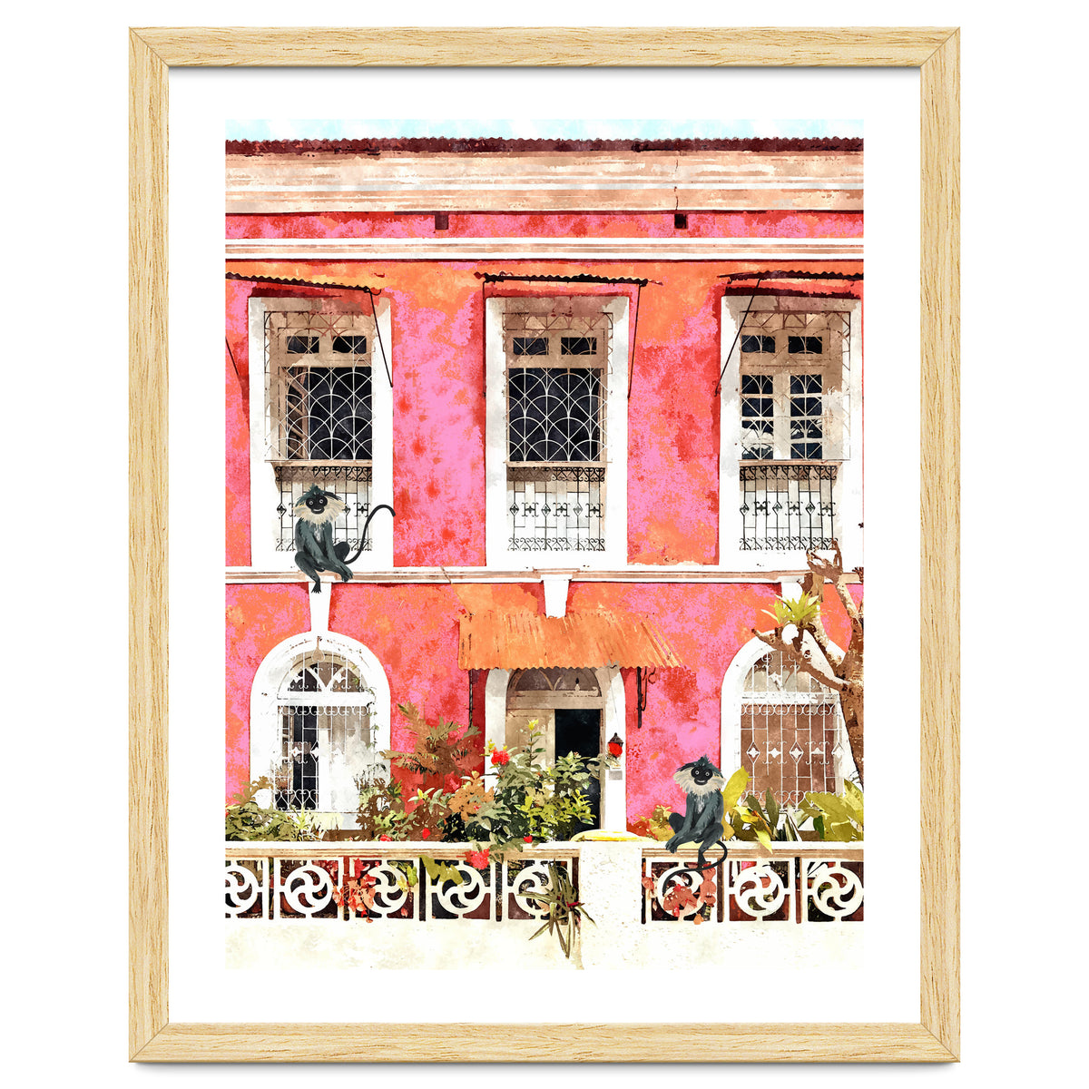 Monkey Business | Watercolor Tropical Goa Architecture Painting | Travel Pastel Pink Blush Building