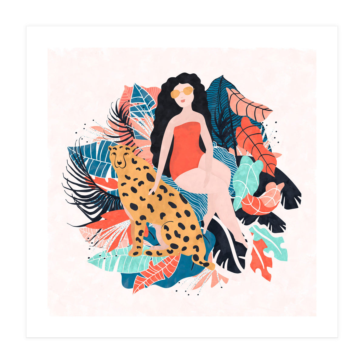 Black Hair Tropical Girl With Cheetah (Print Only)