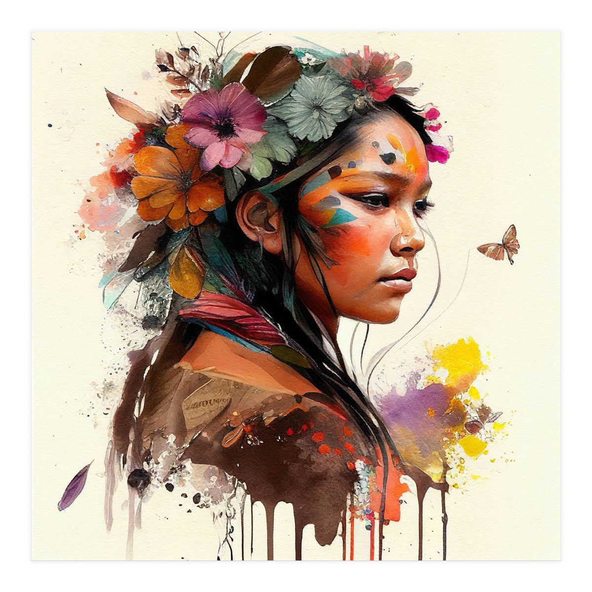 Watercolor Floral Indian Native Woman #4 (Print Only)