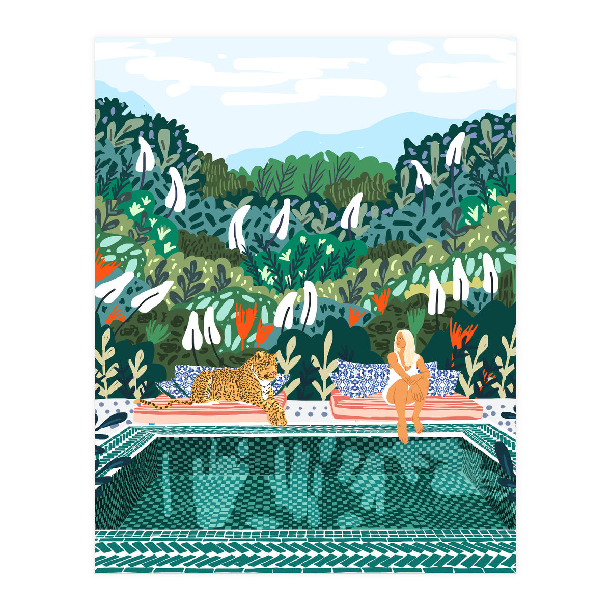 Chilling by the pool with my leopard Tropical Jungle Nature Wildlife Bohemian Morocco Travel (Print Only)
