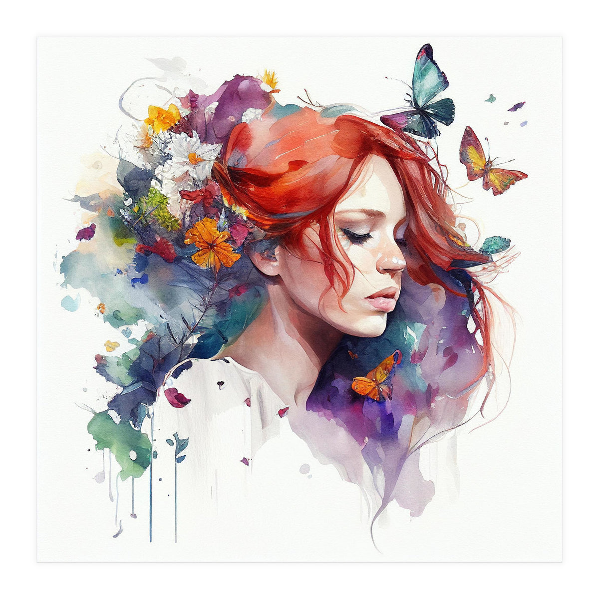 Watercolor Floral Red Hair Woman #1 (Print Only)