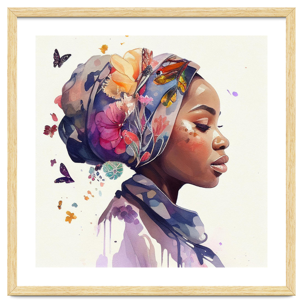 Watercolor Floral Muslim African Woman #1
