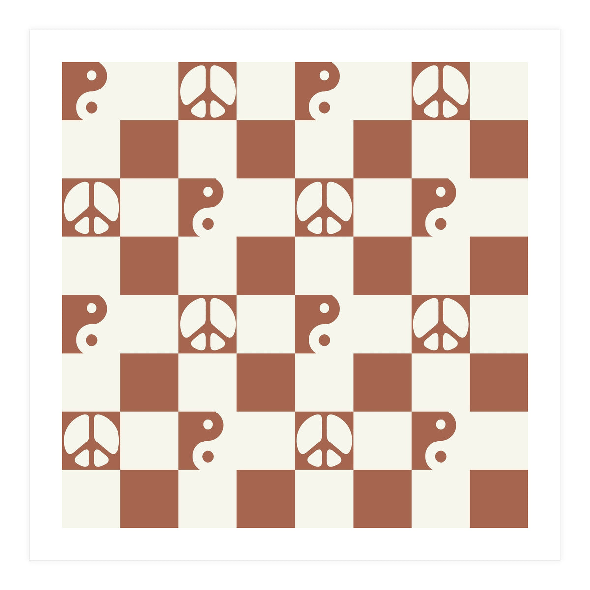 Checkered Peace Symbol & Yin Yang Pattern \\ Beige & Brown Color Palette (Print Only)