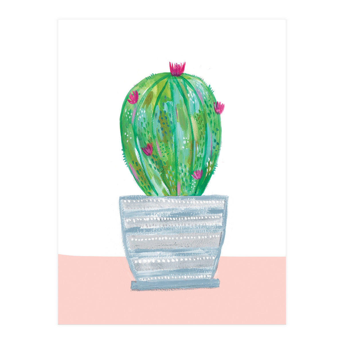 Painted Cactus In Blue Stripe Plant Pot (Print Only)