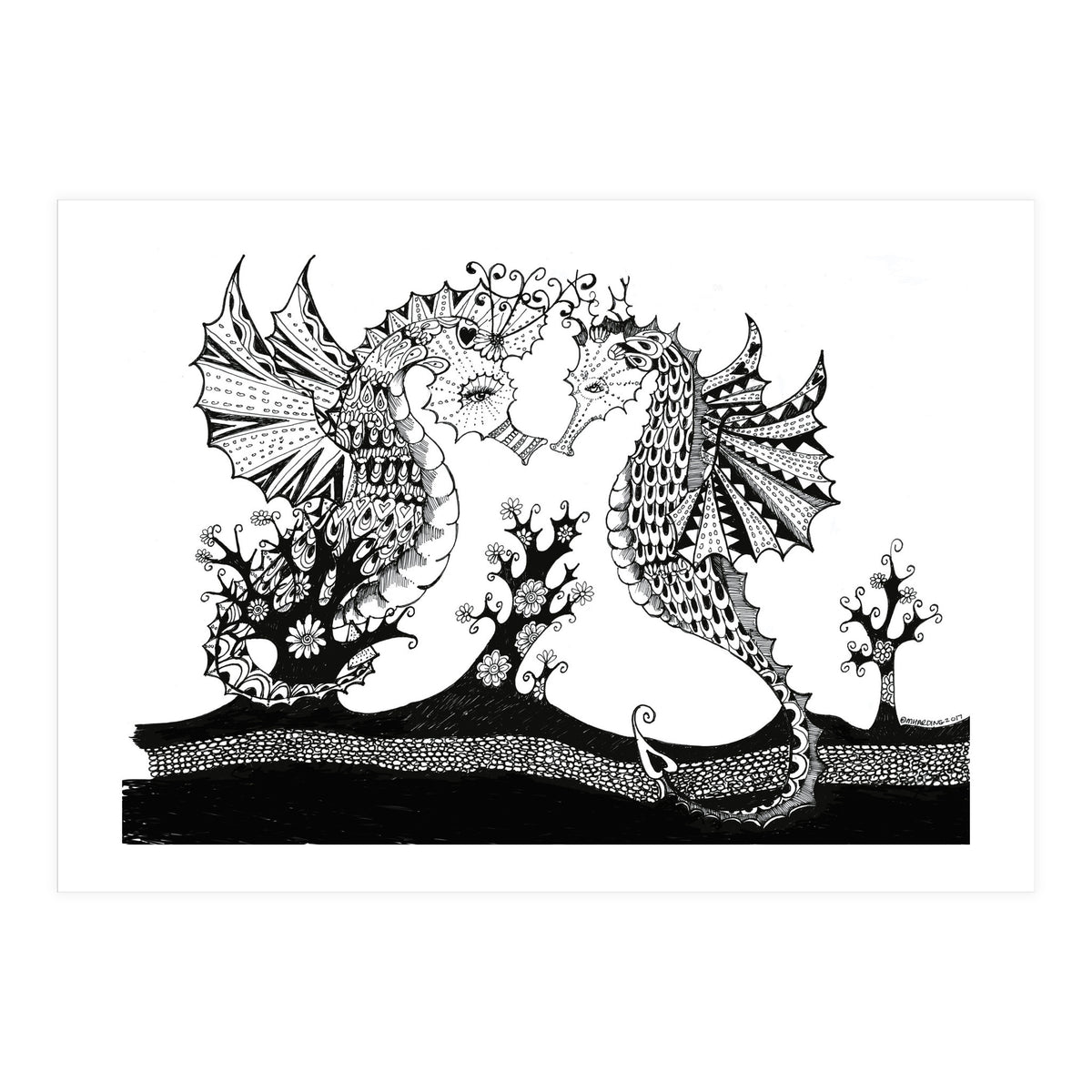 Seahorse Dragons Love Illustration (Print Only)