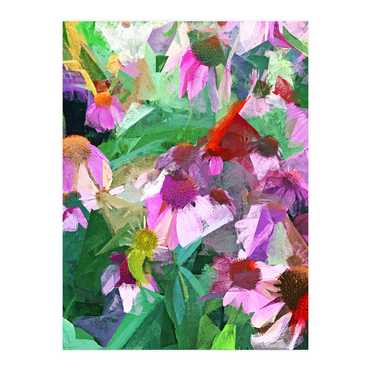 The Memory of Spring, Crosshatch Botanical Floral Painting, Plants Garden Meadow, Flowers Nature Digital Illustration (Print Only)