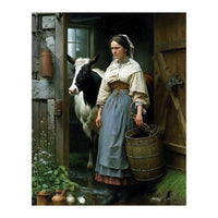 Farm Girl and Cow in Barn Oil Painting (Print Only)